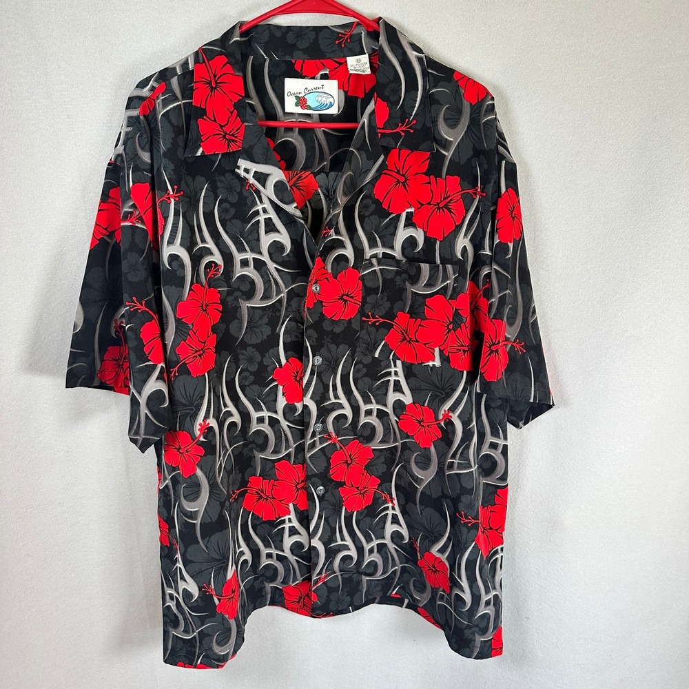 Y2K Ocean Current Black Red Tribal Hawaiian Shirt XL Men Short Sleeve Btn dn
EUC